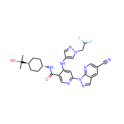 CC(C)(O)[C@H]1CC[C@H](NC(=O)c2cnc(-n3ncc4cc(C#N)cnc43)cc2Nc2cnn(CC(F)F)c2)CC1 ZINC001772600414