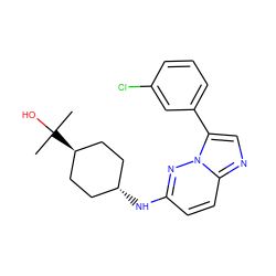 CC(C)(O)[C@H]1CC[C@H](Nc2ccc3ncc(-c4cccc(Cl)c4)n3n2)CC1 ZINC001772592352