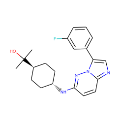 CC(C)(O)[C@H]1CC[C@H](Nc2ccc3ncc(-c4cccc(F)c4)n3n2)CC1 ZINC001772624323