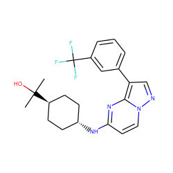 CC(C)(O)[C@H]1CC[C@H](Nc2ccn3ncc(-c4cccc(C(F)(F)F)c4)c3n2)CC1 ZINC000299826299