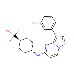 CC(C)(O)[C@H]1CC[C@H](Nc2ccn3ncc(-c4cccc(Cl)c4)c3n2)CC1 ZINC000299838715