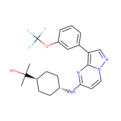 CC(C)(O)[C@H]1CC[C@H](Nc2ccn3ncc(-c4cccc(OC(F)(F)F)c4)c3n2)CC1 ZINC000299826082