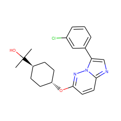 CC(C)(O)[C@H]1CC[C@H](Oc2ccc3ncc(-c4cccc(Cl)c4)n3n2)CC1 ZINC001772605858