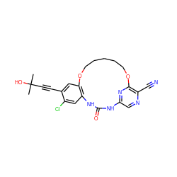 CC(C)(O)C#Cc1cc2c(cc1Cl)NC(=O)Nc1cnc(C#N)c(n1)OCCCCCO2 ZINC000014958338