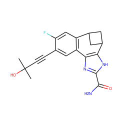 CC(C)(O)C#Cc1cc2c(cc1F)C1CC(C1)c1[nH]c(C(N)=O)nc1-2 ZINC000215771998