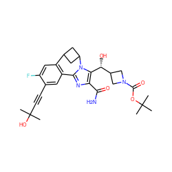 CC(C)(O)C#Cc1cc2c(cc1F)C1CC(C1)n1c-2nc(C(N)=O)c1[C@H](O)C1CN(C(=O)OC(C)(C)C)C1 ZINC000219527950