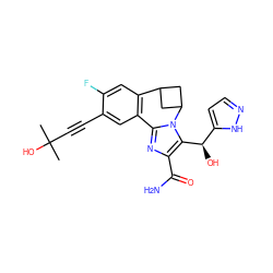 CC(C)(O)C#Cc1cc2c(cc1F)C1CC(C1)n1c-2nc(C(N)=O)c1[C@H](O)c1ccn[nH]1 ZINC000219482123