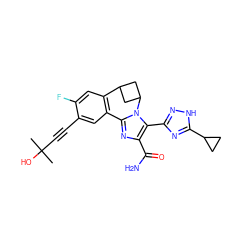 CC(C)(O)C#Cc1cc2c(cc1F)C1CC(C1)n1c-2nc(C(N)=O)c1-c1n[nH]c(C2CC2)n1 ZINC000219477542