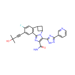 CC(C)(O)C#Cc1cc2c(cc1F)C1CC(C1)n1c-2nc(C(N)=O)c1-c1nc(-c2cccnc2)n[nH]1 ZINC000219495905