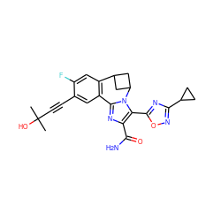 CC(C)(O)C#Cc1cc2c(cc1F)C1CC(C1)n1c-2nc(C(N)=O)c1-c1nc(C2CC2)no1 ZINC000219436133