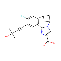 CC(C)(O)C#Cc1cc2c(cc1F)C1CC(C1)n1cc(C(=O)O)nc1-2 ZINC000220008647