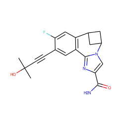 CC(C)(O)C#Cc1cc2c(cc1F)C1CC(C1)n1cc(C(N)=O)nc1-2 ZINC000219437862