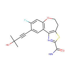 CC(C)(O)C#Cc1cc2c(cc1F)OCCc1sc(C(N)=O)nc1-2 ZINC000215739486