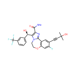 CC(C)(O)C#Cc1cc2c(cc1F)OCCn1c-2nc(C(N)=O)c1[C@H](O)c1cccc(C(F)(F)F)c1 ZINC000219419066