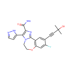 CC(C)(O)C#Cc1cc2c(cc1F)OCCn1c-2nc(C(N)=O)c1-c1ccn[nH]1 ZINC000219474477