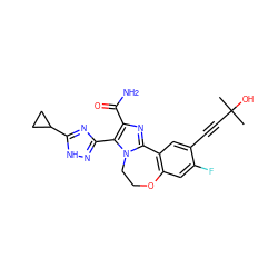 CC(C)(O)C#Cc1cc2c(cc1F)OCCn1c-2nc(C(N)=O)c1-c1n[nH]c(C2CC2)n1 ZINC000219519188