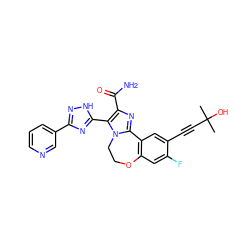 CC(C)(O)C#Cc1cc2c(cc1F)OCCn1c-2nc(C(N)=O)c1-c1nc(-c2cccnc2)n[nH]1 ZINC000219424086