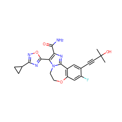 CC(C)(O)C#Cc1cc2c(cc1F)OCCn1c-2nc(C(N)=O)c1-c1nc(C2CC2)no1 ZINC000215767500