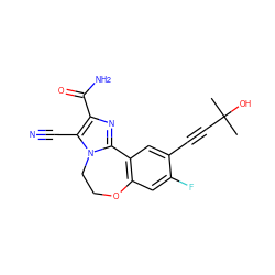 CC(C)(O)C#Cc1cc2c(cc1F)OCCn1c-2nc(C(N)=O)c1C#N ZINC000205784627