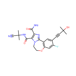 CC(C)(O)C#Cc1cc2c(cc1F)OCCn1c-2nc(C(N)=O)c1C(=O)NC(C)(C)C#N ZINC000205800198