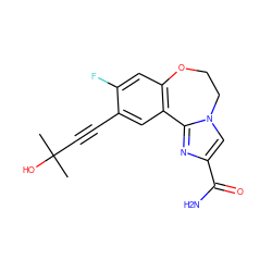 CC(C)(O)C#Cc1cc2c(cc1F)OCCn1cc(C(N)=O)nc1-2 ZINC000205787224