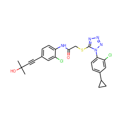 CC(C)(O)C#Cc1ccc(NC(=O)CSc2nnnn2-c2ccc(C3CC3)cc2Cl)c(Cl)c1 ZINC000028823603