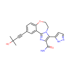 CC(C)(O)C#Cc1ccc2c(c1)-c1nc(C(N)=O)c(-c3ccn[nH]3)n1CCO2 ZINC000219518823