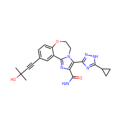 CC(C)(O)C#Cc1ccc2c(c1)-c1nc(C(N)=O)c(-c3n[nH]c(C4CC4)n3)n1CCO2 ZINC000215767632