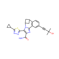 CC(C)(O)C#Cc1ccc2c(c1)-c1nc(C(N)=O)c(-c3nnc(C4CC4)s3)n1C1CC2C1 ZINC000219450017