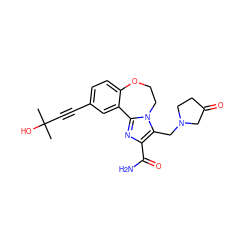 CC(C)(O)C#Cc1ccc2c(c1)-c1nc(C(N)=O)c(CN3CCC(=O)C3)n1CCO2 ZINC000215755343