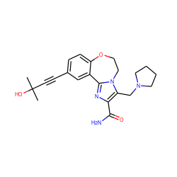 CC(C)(O)C#Cc1ccc2c(c1)-c1nc(C(N)=O)c(CN3CCCC3)n1CCO2 ZINC000215752200