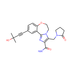 CC(C)(O)C#Cc1ccc2c(c1)-c1nc(C(N)=O)c(CN3CCCC3=O)n1CCO2 ZINC000215753794