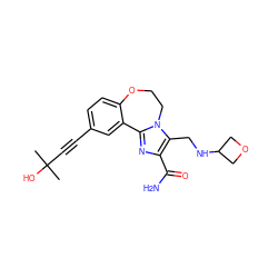 CC(C)(O)C#Cc1ccc2c(c1)-c1nc(C(N)=O)c(CNC3COC3)n1CCO2 ZINC000215752476