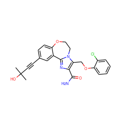 CC(C)(O)C#Cc1ccc2c(c1)-c1nc(C(N)=O)c(COc3ccccc3Cl)n1CCO2 ZINC000215753936