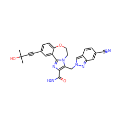 CC(C)(O)C#Cc1ccc2c(c1)-c1nc(C(N)=O)c(Cn3cc4ccc(C#N)cc4n3)n1CCO2 ZINC000219500209