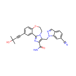 CC(C)(O)C#Cc1ccc2c(c1)-c1nc(C(N)=O)c(Cn3ncc4ccc(C#N)cc43)n1CCO2 ZINC000219420048