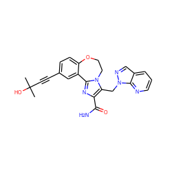 CC(C)(O)C#Cc1ccc2c(c1)-c1nc(C(N)=O)c(Cn3ncc4cccnc43)n1CCO2 ZINC000215754741