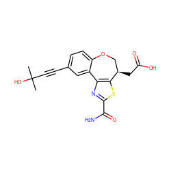 CC(C)(O)C#Cc1ccc2c(c1)-c1nc(C(N)=O)sc1[C@H](CC(=O)O)CO2 ZINC000215742502