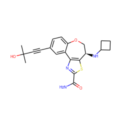 CC(C)(O)C#Cc1ccc2c(c1)-c1nc(C(N)=O)sc1[C@H](NC1CCC1)CO2 ZINC000205787761