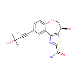 CC(C)(O)C#Cc1ccc2c(c1)-c1nc(C(N)=O)sc1[C@H](O)CO2 ZINC000205787424