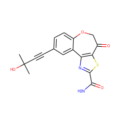 CC(C)(O)C#Cc1ccc2c(c1)-c1nc(C(N)=O)sc1C(=O)CO2 ZINC000205787320