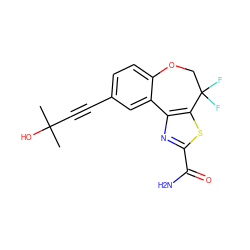 CC(C)(O)C#Cc1ccc2c(c1)-c1nc(C(N)=O)sc1C(F)(F)CO2 ZINC000205787923