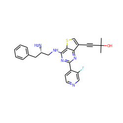 CC(C)(O)C#Cc1csc2c(NC[C@@H](N)Cc3ccccc3)nc(-c3ccncc3F)nc12 ZINC000223689306