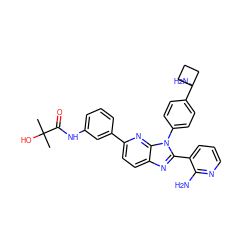 CC(C)(O)C(=O)Nc1cccc(-c2ccc3nc(-c4cccnc4N)n(-c4ccc(C5(N)CCC5)cc4)c3n2)c1 ZINC000169697636