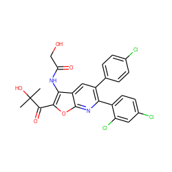 CC(C)(O)C(=O)c1oc2nc(-c3ccc(Cl)cc3Cl)c(-c3ccc(Cl)cc3)cc2c1NC(=O)CO ZINC000049775704