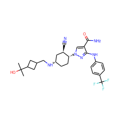 CC(C)(O)C1CC(CN[C@H]2CC[C@@H](n3cc(C(N)=O)c(Nc4ccc(C(F)(F)F)cc4)n3)[C@H](C#N)C2)C1 ZINC000221260605