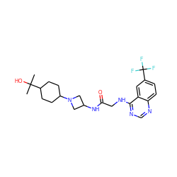 CC(C)(O)C1CCC(N2CC(NC(=O)CNc3ncnc4ccc(C(F)(F)F)cc34)C2)CC1 ZINC000149174748