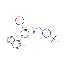 CC(C)(O)C1CCN(Cc2cc3nc(-c4c(F)ccc5[nH]ccc45)nc(N4CCOCC4)c3s2)CC1 ZINC000095580502