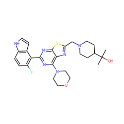 CC(C)(O)C1CCN(Cc2nc3c(N4CCOCC4)nc(-c4c(F)ccc5[nH]ccc45)nc3s2)CC1 ZINC000095578879