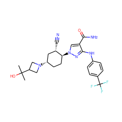 CC(C)(O)C1CN([C@H]2CC[C@H](n3cc(C(N)=O)c(Nc4ccc(C(F)(F)F)cc4)n3)[C@@H](C#N)C2)C1 ZINC000221832173